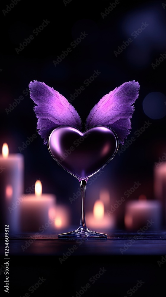 A whimsical heart-shaped drink with purple butterfly wings, surrounded by soft candlelight. A whimsical heart-shaped drink with purple butterfly wings, surrounded by soft candlelight.