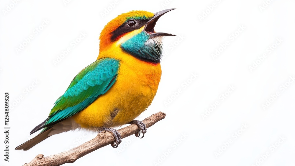 Fototapeta premium A vibrant bird with a yellow belly and green wings sits on a branch, singing loudly against a bright, plain background.