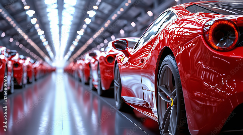 new red cars in a row that standing inside a car dealer. luxury new red cars in a row that standing inside a car dealer. luxury