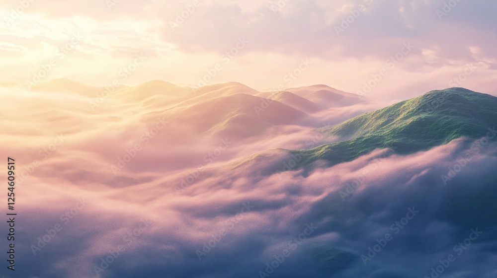 Misty Mountain Landscape with Dreamy Hues and Soft Light Creating a Peaceful Atmosphere Misty Mountain Landscape with Dreamy Hues and Soft Light Creating a Peaceful Atmosphere