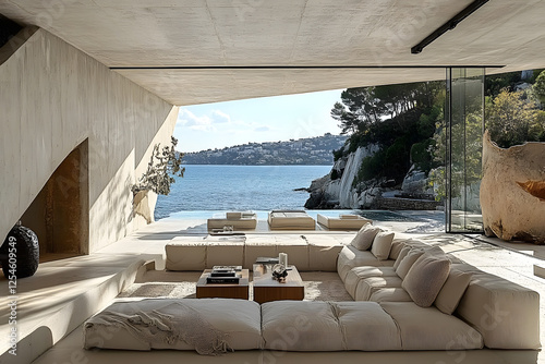 internal cute beach house with bog window, rustic wooden roof, blue windows, wooden porch, white walls with white rough rocks, sand and rocks on the shore, white sun loungers with pillows