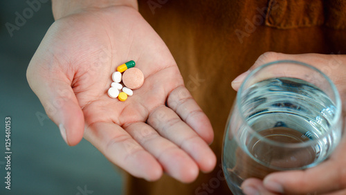 Male hand holding dietary supplement, vitamin C, B, fish oil and holding a glass of water, close-up photo of dietary supplement or pills on palm