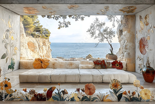 internal cute beach house with bog window, rustic wooden roof, blue windows, wooden porch, white walls with white rough rocks, sand and rocks on the shore, white sun loungers with pillows
