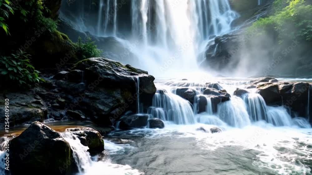 Sunlit Waterfall Cascading Over Rocks in Lush Green Foliage Sunlit Waterfall Cascading Over Rocks in Lush Green Foliage