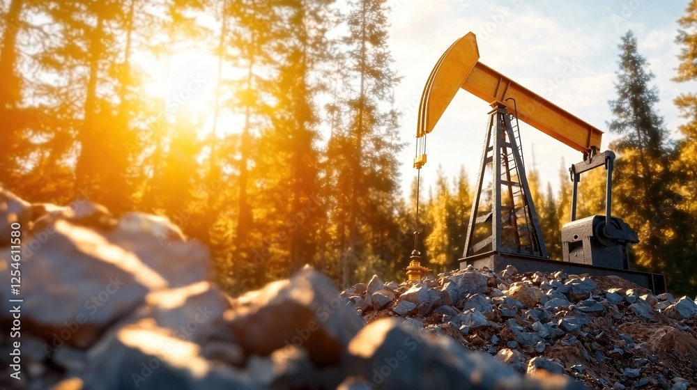 Oil Pump Jack in Golden Light Against Forest Backdrop Depicting Energy and Resource Extraction Oil Pump Jack in Golden Light Against Forest Backdrop Depicting Energy and Resource Extraction