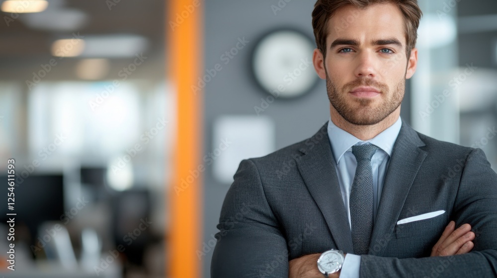 Stylish and Confident Professional Showcasing leadership and Authority in a Modern Office Setting with Desk Computer and Clock Stylish and Confident Professional Showcasing leadership and Authority in a Modern Office Setting with Desk Computer and Clock