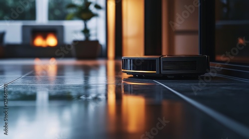 A close-up of a high-tech, self-cleaning robot vacuum working on a modern tiled floor. 