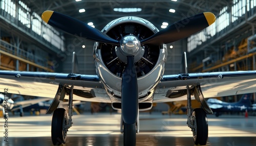 A vintage aircraft is showcased in a spacious hangar, highlighting its propeller and sleek design against a backdrop of aviation history.