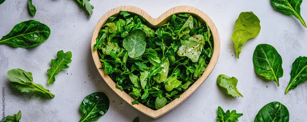 Obraz premium Fresh green salad styled in heart shaped bowl, surrounded by leafy greens, evokes sense of health and love for nutritious food. Perfect for wholesome meal