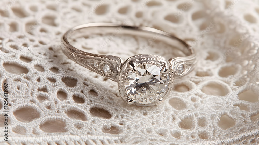 Obraz premium Intricately Crafted White Gold Engagement Ring on Delicate Lace Background
