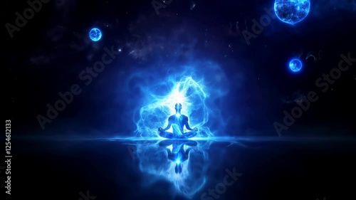 A silhouette of a meditating figure sits in a lotus position, surrounded by glowing blue energy and cosmic elements. The aura radiates from the body, creating a mystical, spiritual atmosphere.  