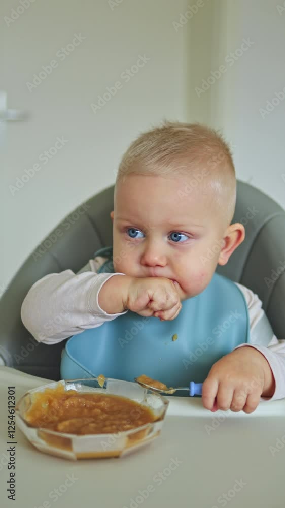 Cute one-year-old boy sits in a high chair and eats independently. Silicone baby feeding utensils. Child learns to eat independently Cute one-year-old boy sits in a high chair and eats independently. Silicone baby feeding utensils. Child learns to eat independently