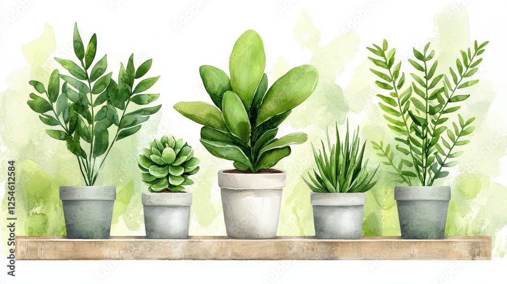 Still life of potted plants on a shelf, greenery and natural decor for home interiors Still life of potted plants on a shelf, greenery and natural decor for home interiors