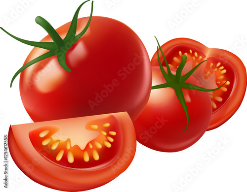 Realistic ripe raw tomato, half and slices. Isolated 3d vector vibrant and plump pomodoro illustrator Gradient Mesh
