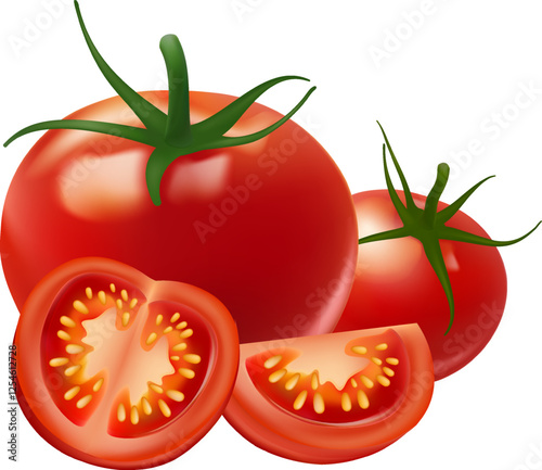 Realistic ripe raw tomato, half and slices. Isolated 3d vector vibrant and plump pomodoro illustrator Gradient Mesh