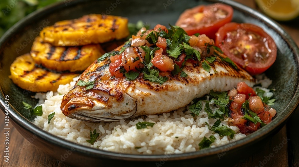 Grilled Fish with Rice and Salsa Healthy Dish with Vegetables. Generative AI Grilled Fish with Rice and Salsa Healthy Dish with Vegetables. Generative AI