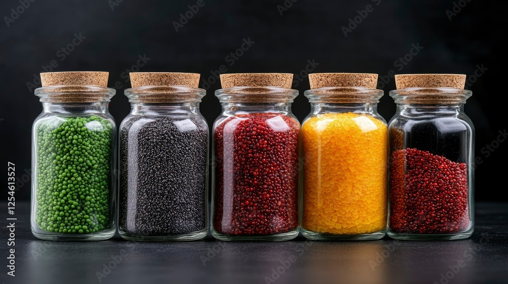 Five Glass Jars Filled with Colorful Beads on Black Background Five Glass Jars Filled with Colorful Beads on Black Background