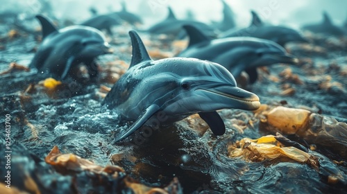 Polluted Ocean with Dolphins in Plastic Waste. Generative AI photo