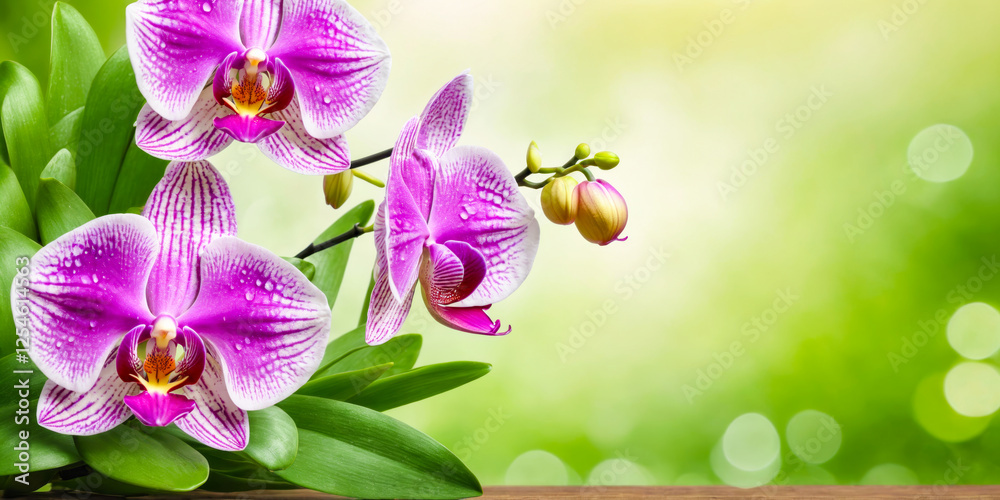 Naklejka premium Beautiful Purple Orchids with Water Droplets on Green Background