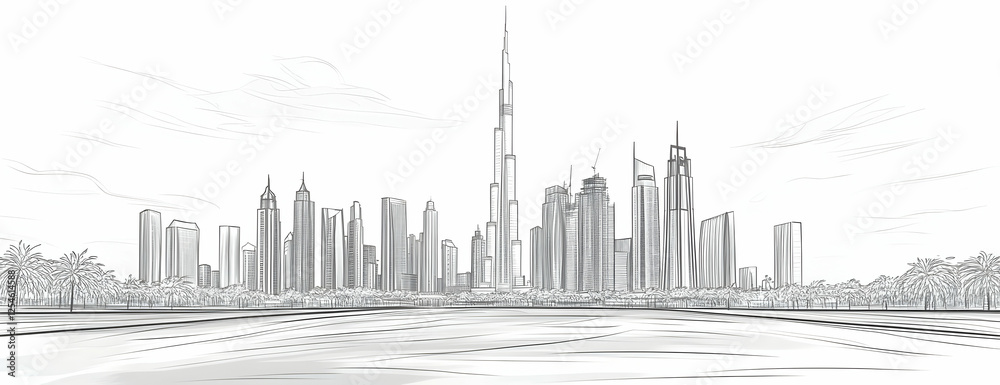 Fototapeta premium Sketch Dubai Skyline, Palms, Cityscape
