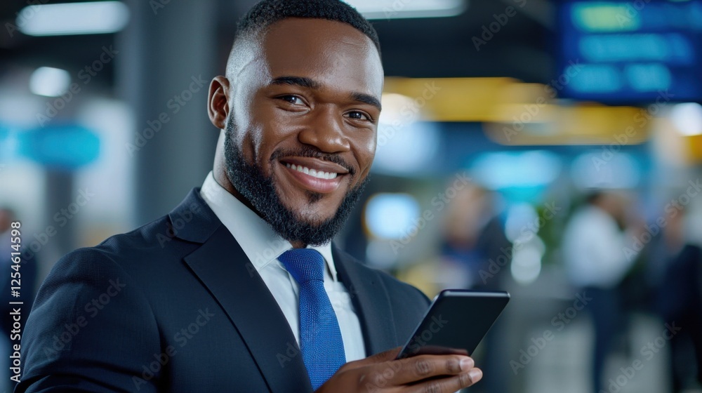 Fototapeta premium Smiling African American Businessman in Formal Suit and Tie Using Smartphone in an Office or Corporate Lobby Environment