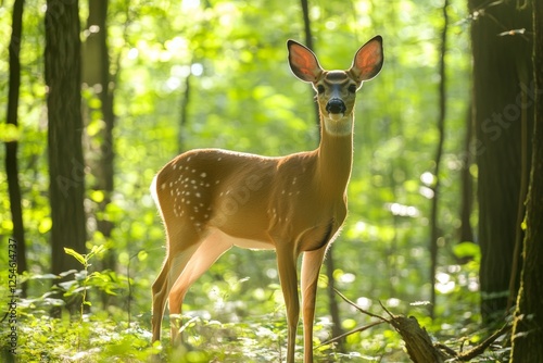 A dense forest with sunlight filtering through the trees. A deer standing in the middle of the woods, symbolizing wildlife conservation. Calm, natural tones of green and brown. photo