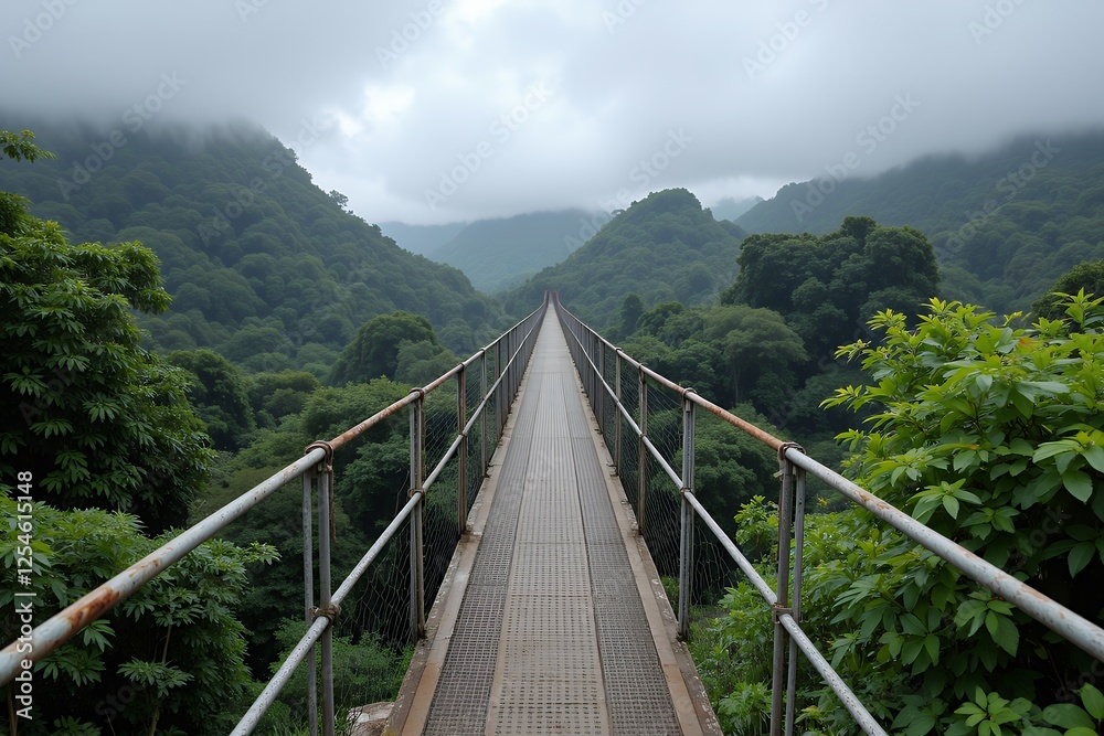 Obraz premium Serene Suspension Bridge Pathway Over Lush Green Mountain Valley Landscape