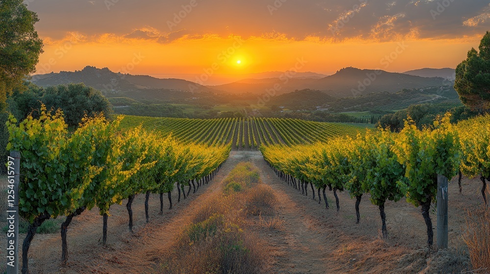 Fototapeta premium Serene vineyard landscape at sunset with rows of grapevines and distant mountains