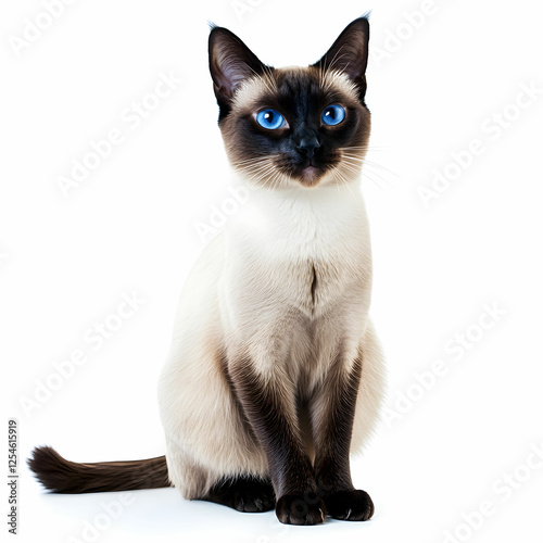 A Siamese cat with striking blue eyes, sitting gracefully on a white background