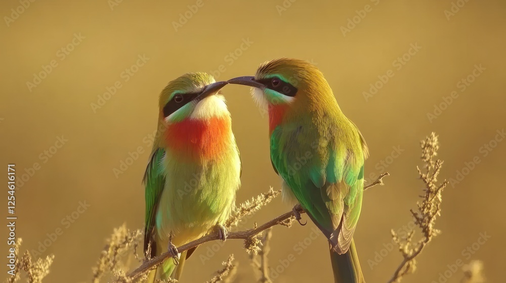 Two colorful birds interacting on a branch at sunset.