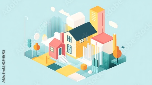 Isometric Illustration of a Colorful Suburban Neighborhood