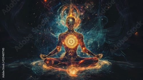 A glowing figure meditating in a cosmic space, surrounded by an ethereal aura of light. The background features vibrant stars and cosmic dust, evoking a surreal, mystical energy.