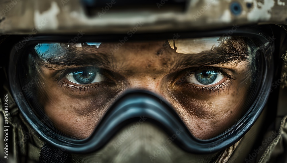 Close up on a soldier wearing protective goggles and helmet Close up on a soldier wearing protective goggles and helmet