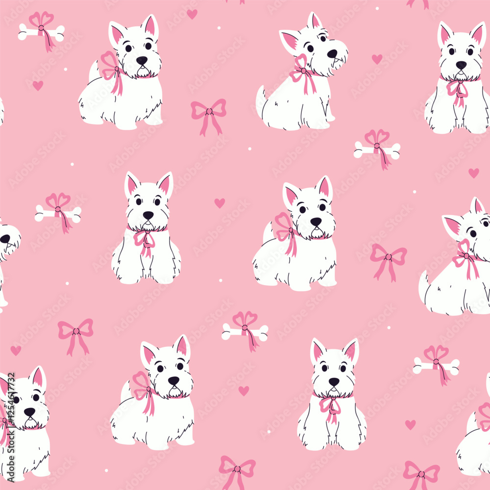 Seamless pattern with cute white Scottish terriers with pink bows. Vector graphics.