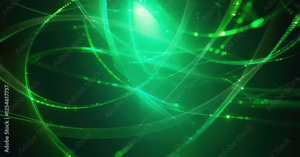 Fototapeta premium Thin intersecting arcs of green light create a delicate glowing web in a deep emerald space. The intricate neon structure radiates energy, forming a futuristic digital network