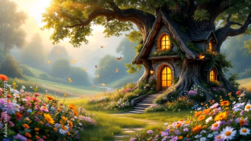Fairy tale treehouse surrounded by vibrant flowers in a magical meadow under warm sunlight, creating a whimsical scene
Fairy tale treehouse surrounded by vibrant flowers in a magical meadow under warm sunlight, creating a whimsical scene