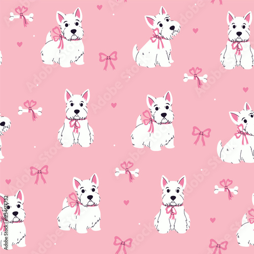 Seamless pattern with cute white Scottish terriers with pink bows. Vector graphics.