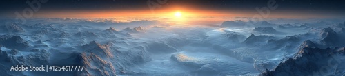 Frozen Mountain Landscape with a Setting Sun. Generative AI photo