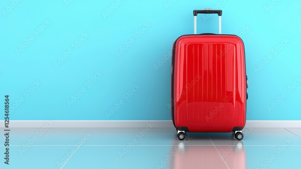 Red suitcase against light blue wall, modern design, studio shot, simple background, bright light, travel concept, luggage, airport, vacation, 3d Red suitcase against light blue wall, modern design, studio shot, simple background, bright light, travel concept, luggage, airport, vacation, 3d