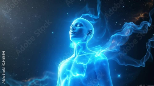 A glowing figure stands in the vastness of space, with blue light emanating from its form. The background features stars and cosmic dust, creating a surreal, ethereal atmosphere