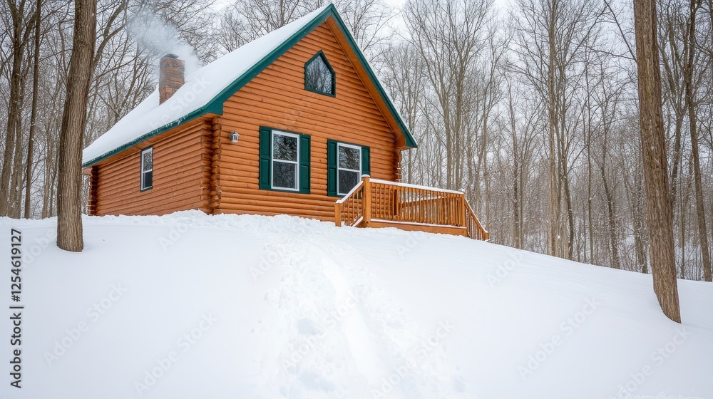 Rustic cabin nestled in snowy forest, winter wonderland scene, snow covered ground leading to a wooden cabin, brown cabin with green trim, snow Rustic cabin nestled in snowy forest, winter wonderland scene, snow covered ground leading to a wooden cabin, brown cabin with green trim, snow
