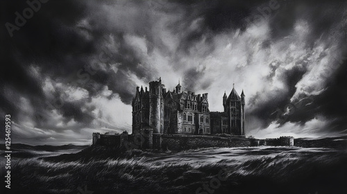 and moody charcoal artwork of a gothic castle under a stormy sky with dramatic lighting 