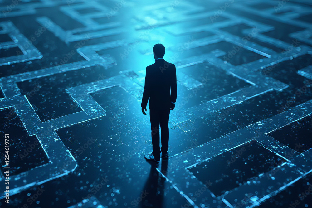 man in suit stands in glowing maze, contemplating his path forward man in suit stands in glowing maze, contemplating his path forward