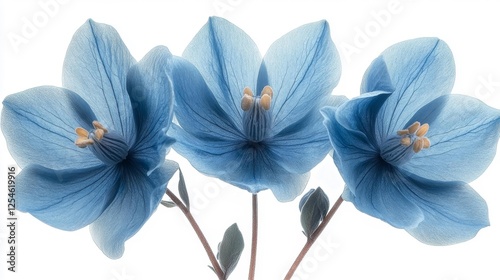 Close-up view of blue translucent flowers with delicate details. Generative AI photo