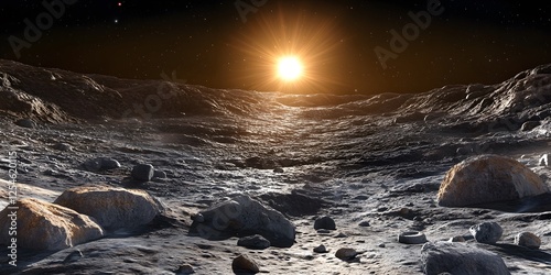 Dramatic Space Scene Featuring Massive Asteroid with Sun Rising in the Background Over a Rugged Surface photo