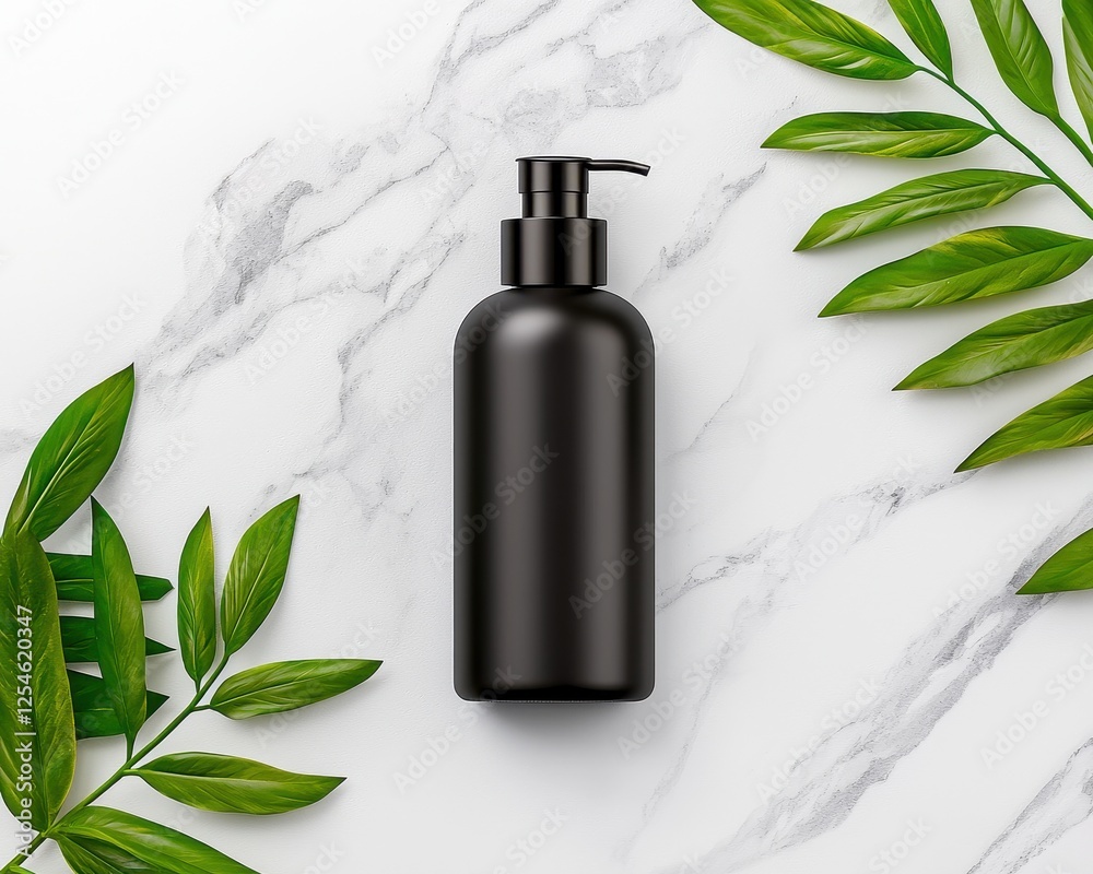 Elegant black bottle on marble surface surrounded by fresh green leaves, perfect for cosmetic or skincare product. Elegant black bottle on marble surface surrounded by fresh green leaves, perfect for cosmetic or skincare product.