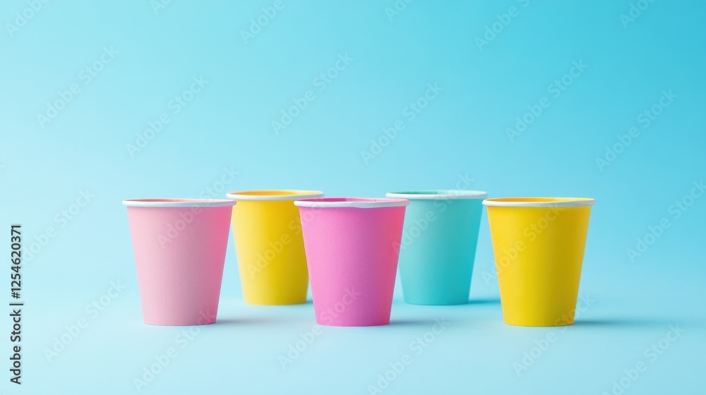 Colorful paper cups on blue background, party supplies (3) Colorful paper cups on blue background, party supplies (3)