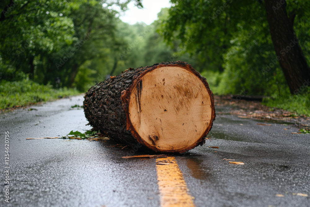 Following a storm, a large tree trunk blocking access on a road Following a storm, a large tree trunk blocking access on a road