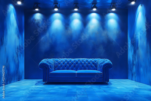 Blue Velvet Sofa Stage Lighting Dramatic Moody Interior Design Room Setup Elegant Deep Blue Couch Theater Backdrop Professional Photography Studio art dark home