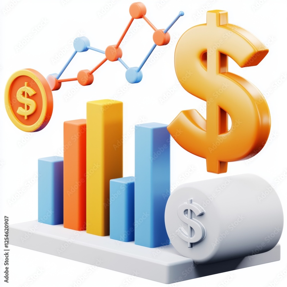 Colorful 3D Financial Data Representation with Charts, Dollar Signs, and Profit Indicators for Business Analysis and Reports Colorful 3D Financial Data Representation with Charts, Dollar Signs, and Profit Indicators for Business Analysis and Reports